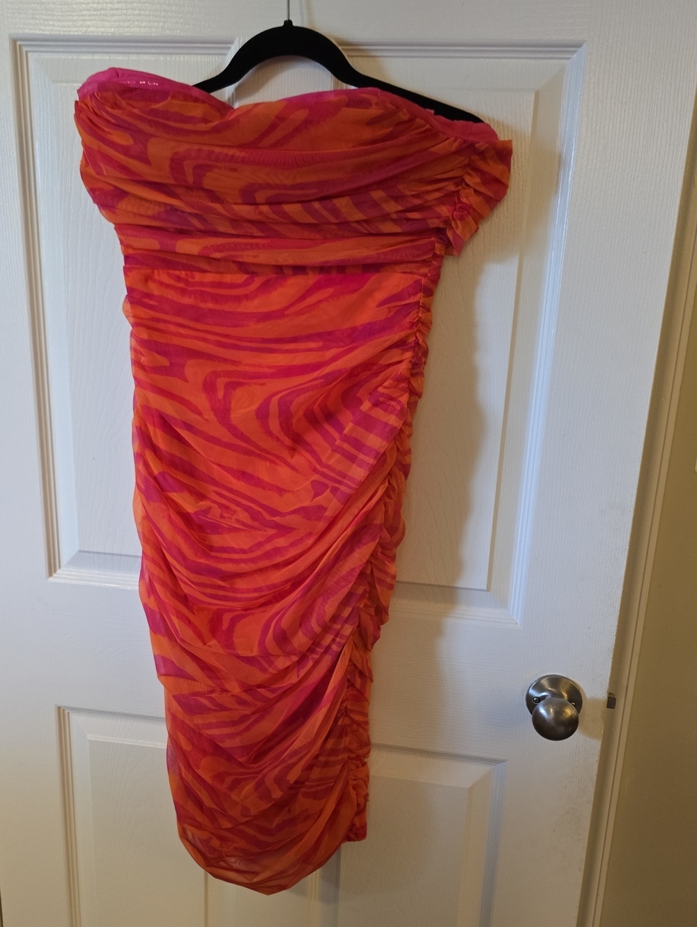 PrettyLittleThing Orange and Pink Strapless Ruched Midi Dress
